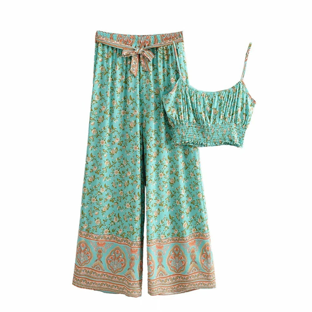 Boho Vintage Print Vest & Wide-Leg Pants Set – Green