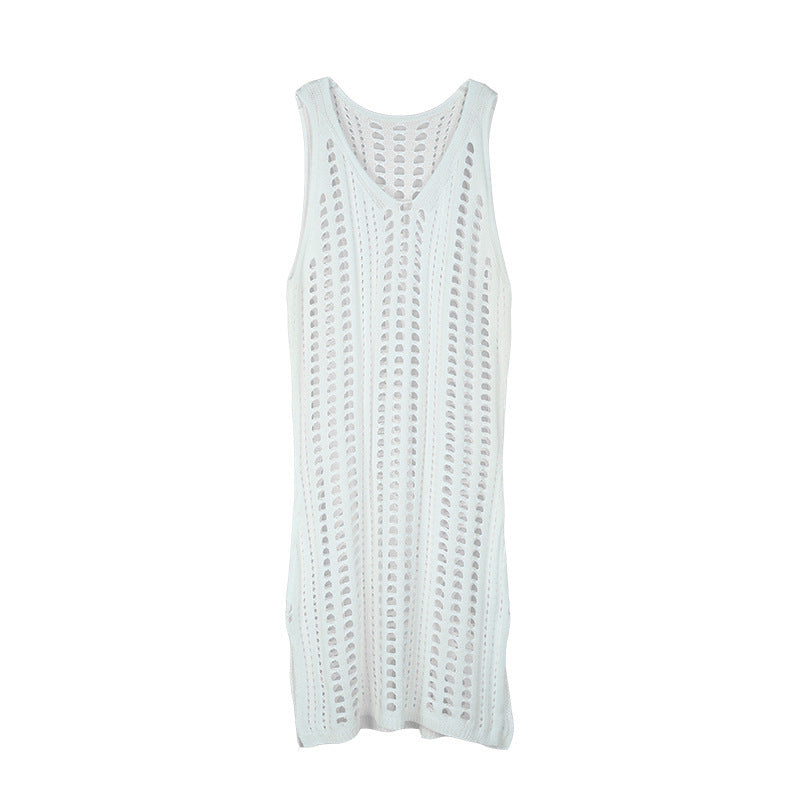 Crochet Swimsuit Cover-Up Dress for Women – V-Neck Hollow Out Beach Cardigan