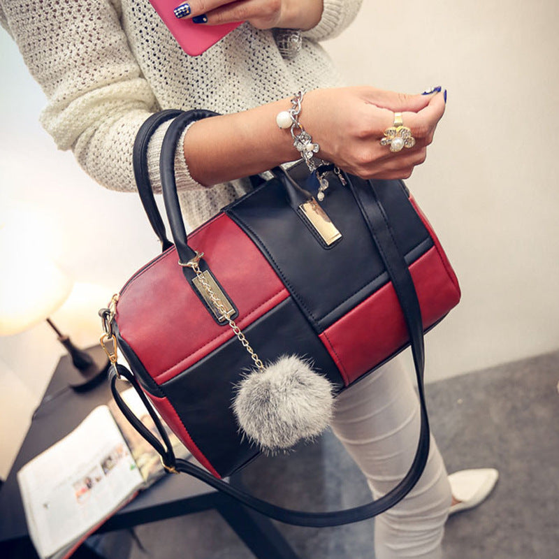 Women's PU Leather Boston Bag – Contrast Stitch Pillow Handbag Shoulder Purse