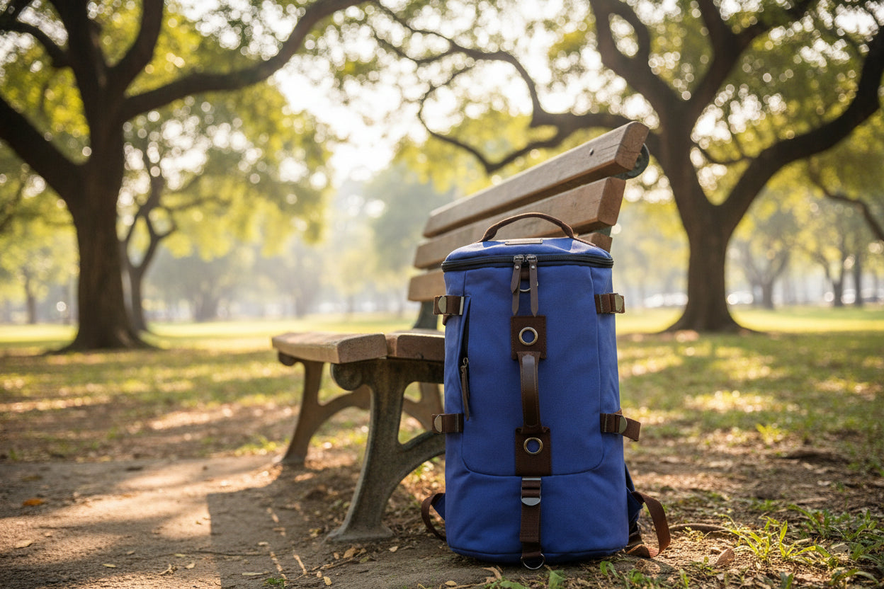 Blue backpack on a wooden bench in a park with trees and grass.