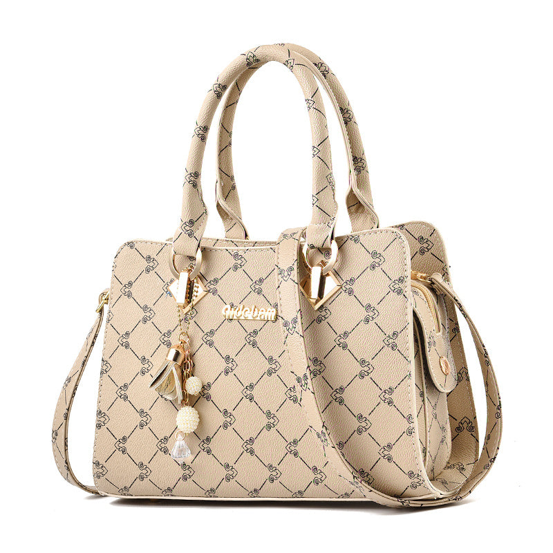 Women's Printed Satchel Handbag – Vegan-Friendly Imitation Leather Shoulder Bag with Contrast Trim & Charm