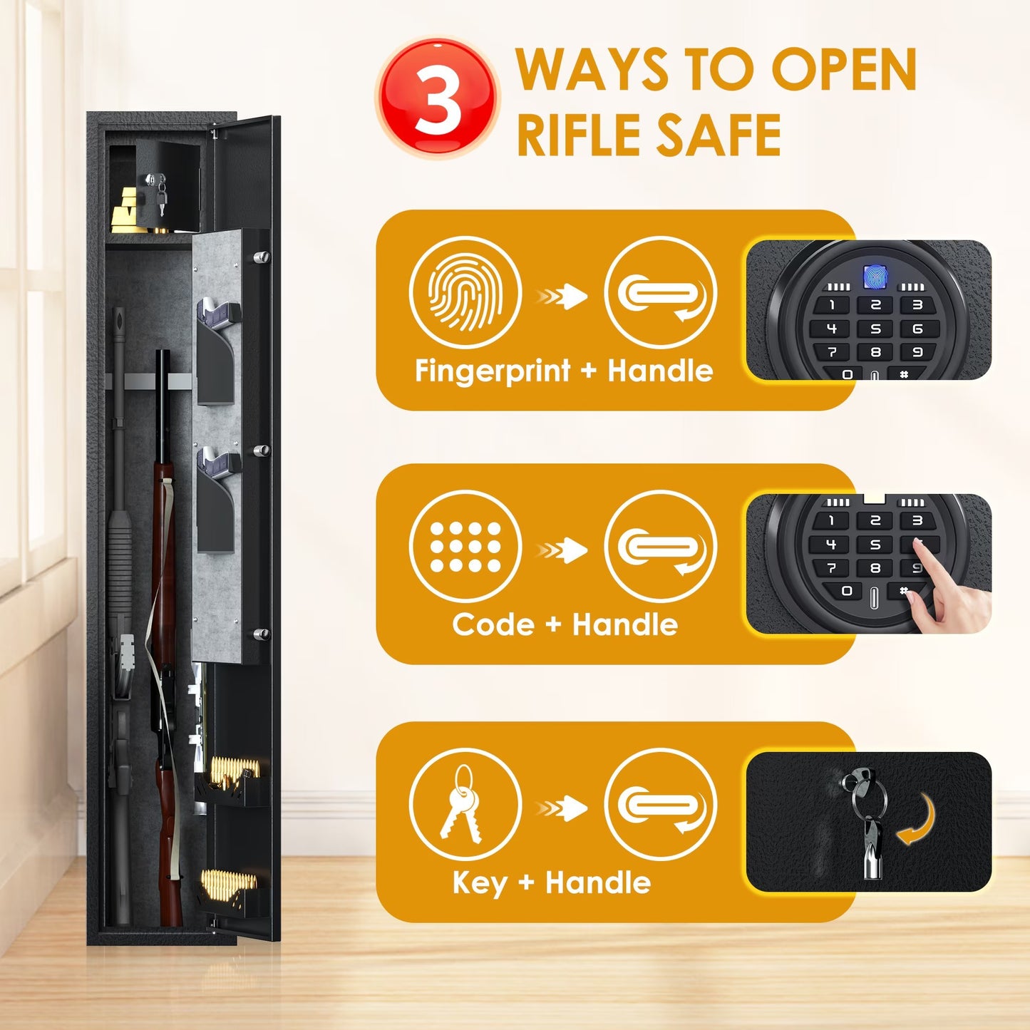 Home Rifle And Pistols Gun Safe With LED Light & Alarm System,Biometric Fingerprint Rifle Safe,Quick Access 1-3 Rifle And 2 Pistol,Long Gun Cabinet With Removable Shelf,Built-in Small Cabinet