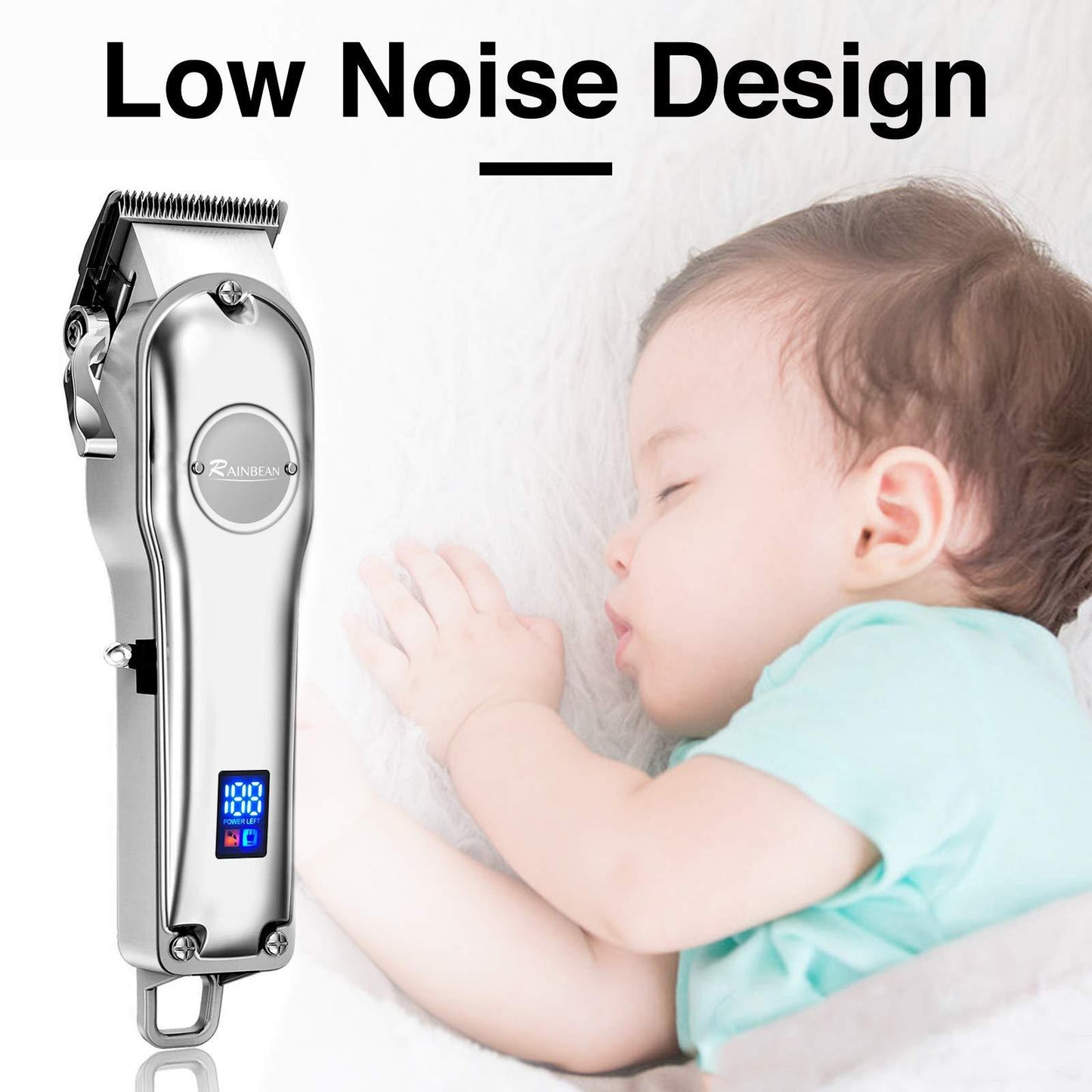 Hair trimmer with low noise design next to a sleeping baby.