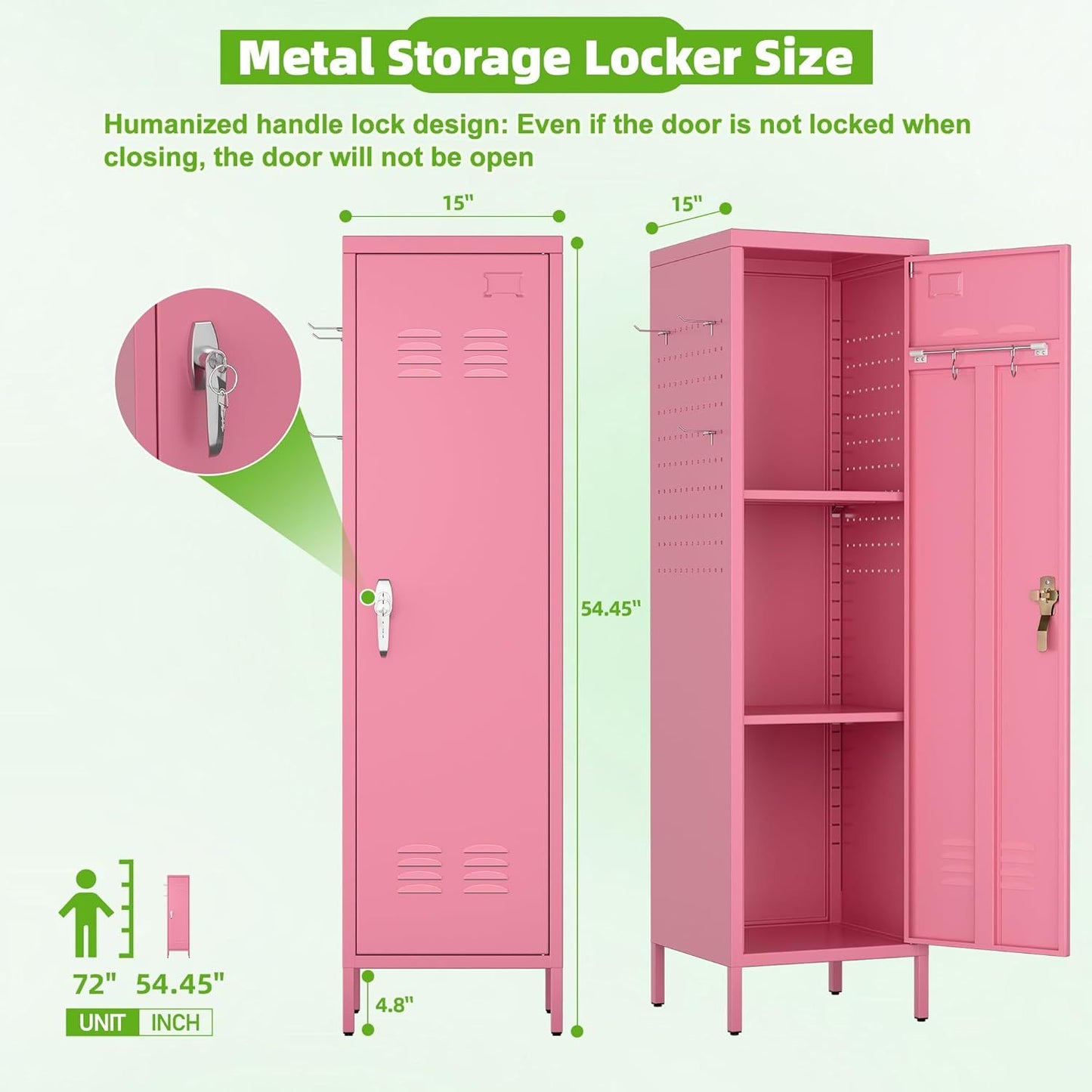 Pink metal storage locker with dimensions and lock details on a white background
