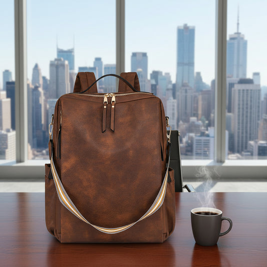 Brown leather backpack on a table with a cityscape view through large windows.
