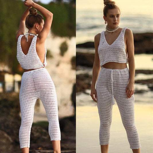 Handmade Crochet Beach Bikini Sweatshirt Swimsuit Cover Pants Set
