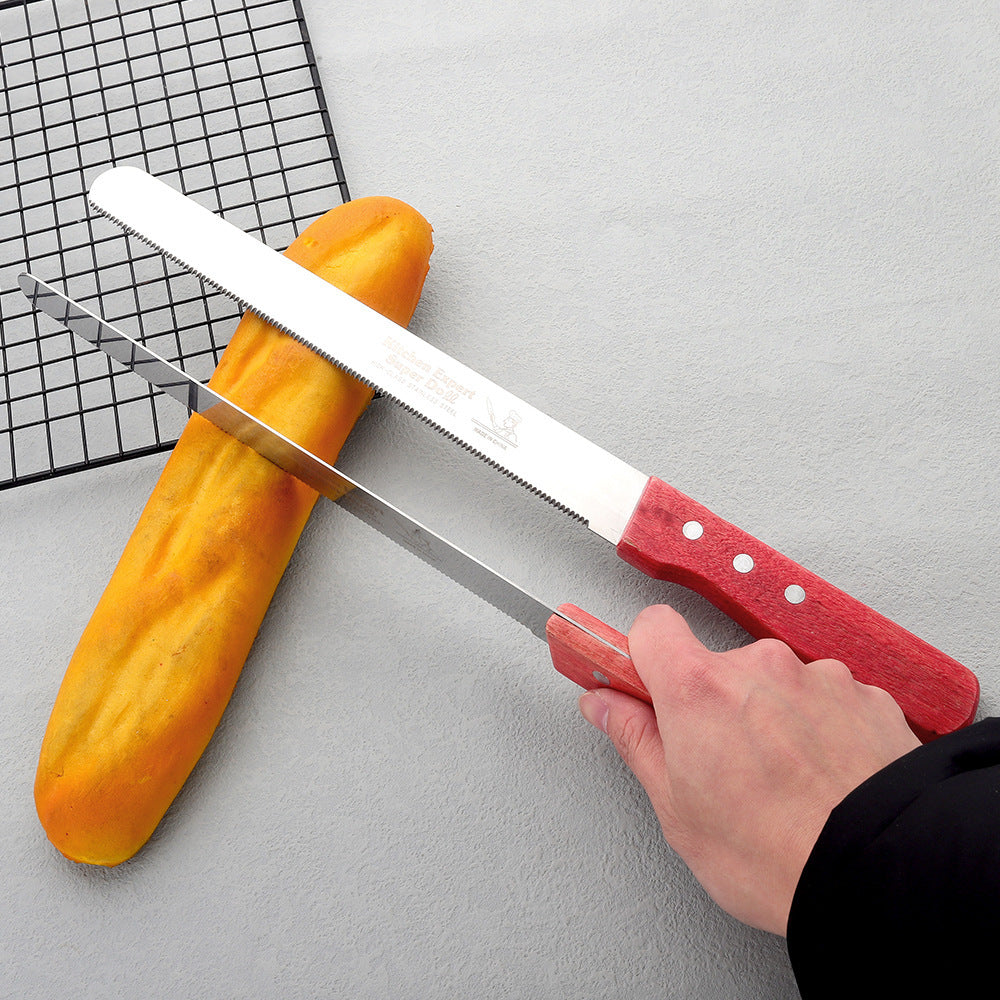 Red Wooden Handle Stainless-steel Bread Knife 10-inch Baking Cake Sliced Toast Tool Bread Saw Knife Coarse Texture Fine Teeth