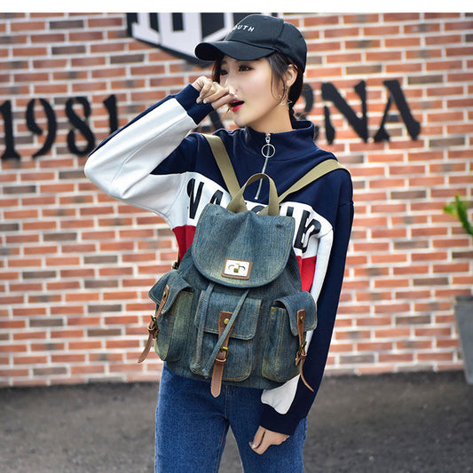 Backpack Retro Denim Backpack Female Drawstring Pocket