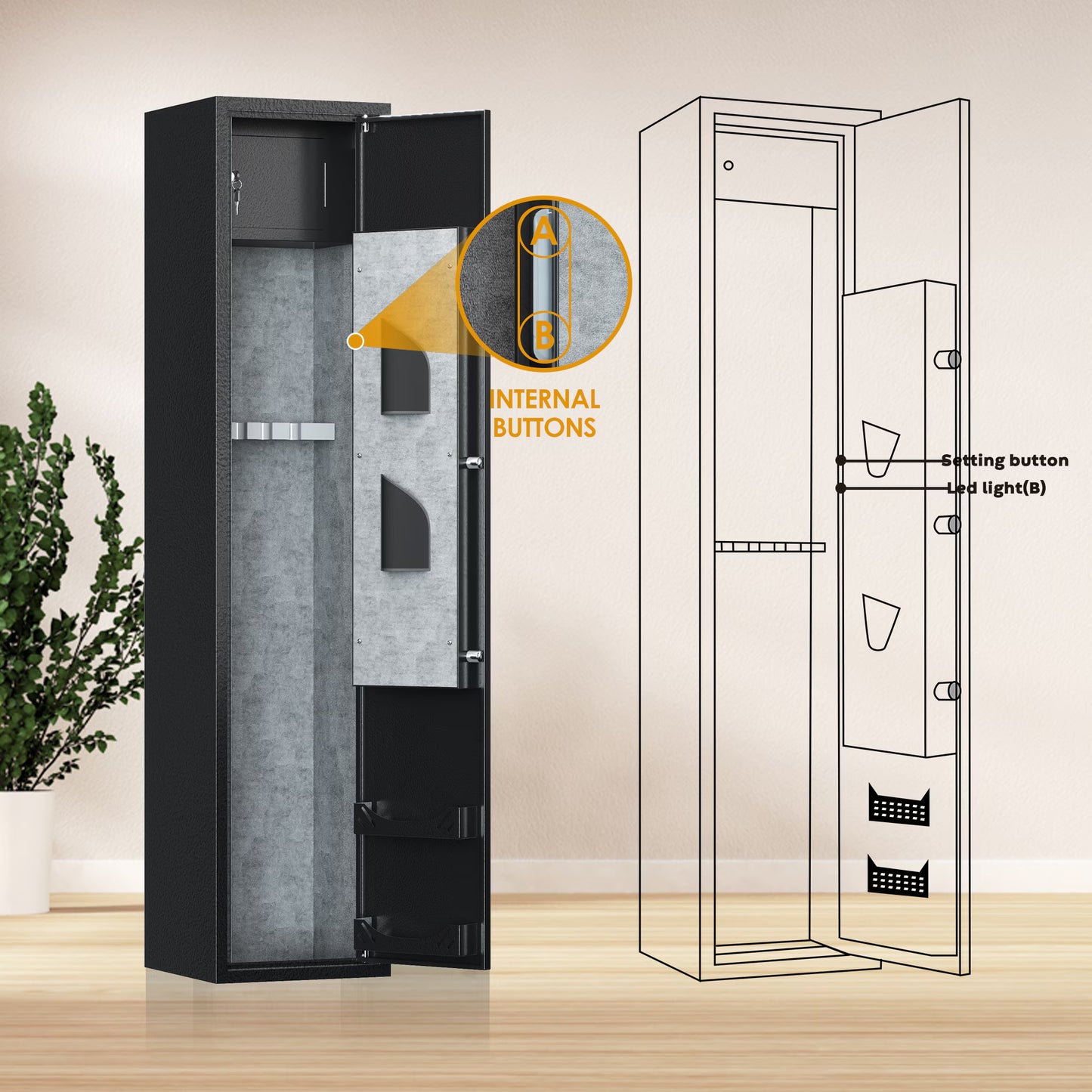 Home Rifle And Pistols Gun Safe With LED Light And Alarm System,Digital Keypad Lock,Quick Access 4-5 Rifle And 2 Pistol,Long Gun Cabinet With Removable Shelf,Built-in Small Cabinet