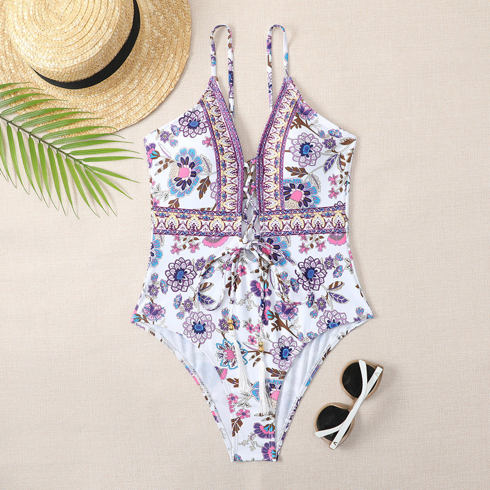 Deep V Tie One Piece Swimsuit Flower Print
