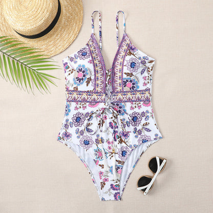 Deep V Tie One Piece Swimsuit Flower Print