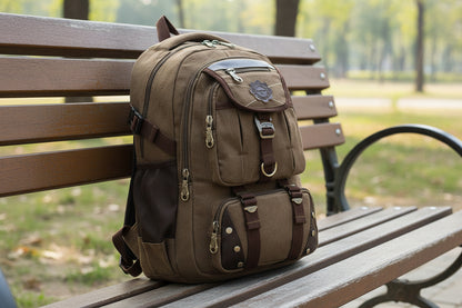 Brown backpack with multiple pockets and straps on a white background