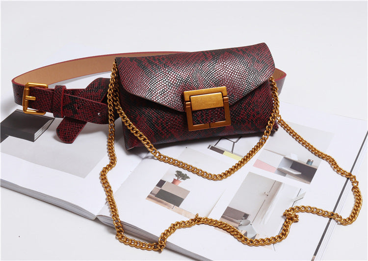 Female snake print chain belt bag