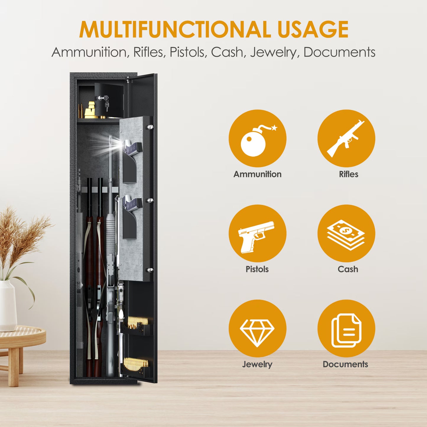 Home Rifle And Pistols Gun Safe With LED Light And Alarm System,Digital Keypad Lock,Quick Access 4-5 Rifle And 2 Pistol,Long Gun Cabinet With Removable Shelf,Built-in Small Cabinet