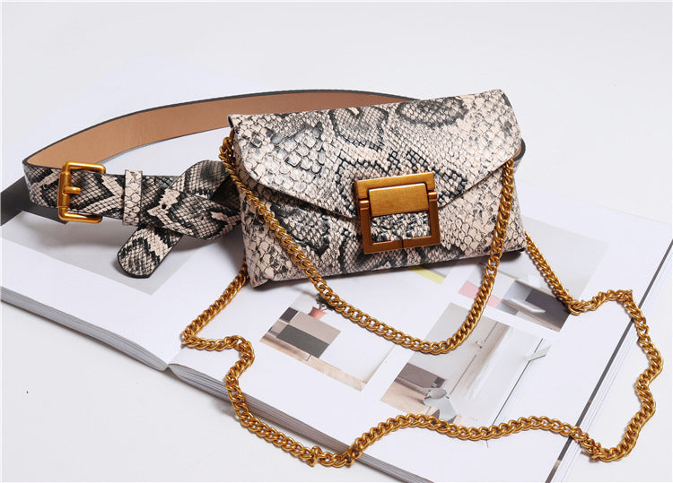 Female snake print chain belt bag