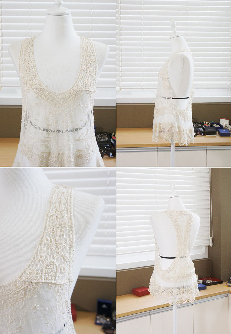Seaside Holiday Beach Skirt Halter Embroidered Mesh Lace Hollow Bikini Blouse