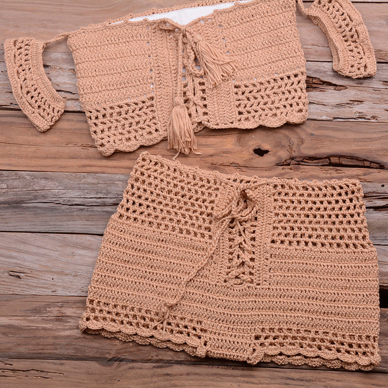 European and American hot style six-color beach bikini suit women's knitted swimwear crochet bohemian bra