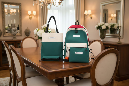 Set of green and white bags including a backpack and tote bag on a white background