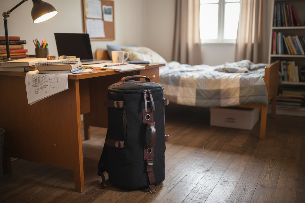 Room interior with a desk, bed, and suitcase.
