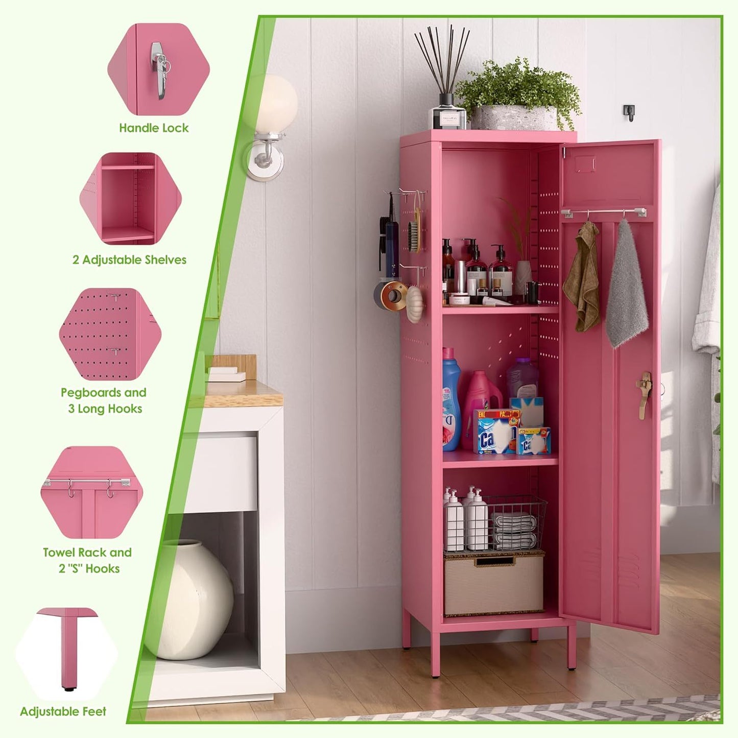 Pink storage cabinet with open doors showing various items, surrounded by product features on a white background.