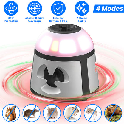 1Pc 360 Degree Ultrasonic Mice Repellent Indoor Rodent Repeller Rat Squirrel Rodent Control Device With 4 Modes 9 Strobe Lights Alarm Horn For Kitchen Warehouse