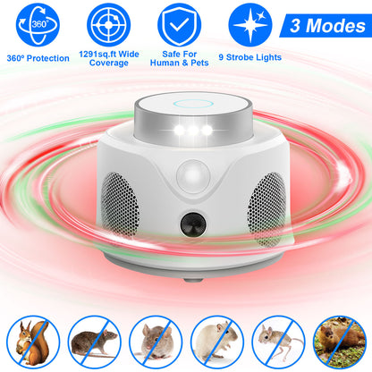 1Pc 360 Degree Ultrasonic Mice Repellent Indoor Rodent Repeller Mice Rat Squirrel Rodent Chaser With 3 Modes 9 Strobe Lights For Kitchen Living Room Attic Basement Warehouse Garage Barn