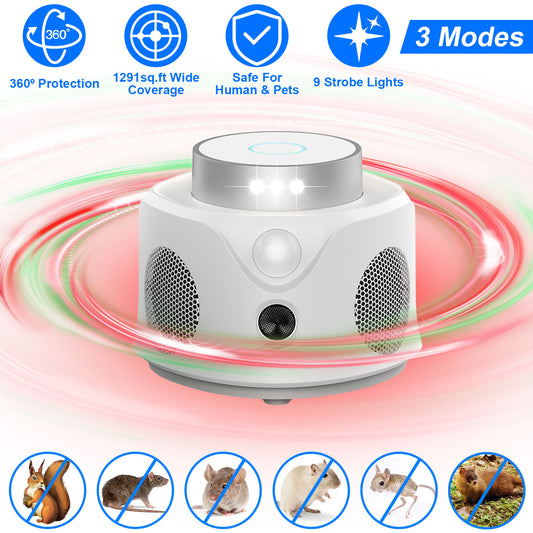 1Pc 360 Degree Ultrasonic Mice Repellent Indoor Rodent Repeller Mice Rat Squirrel Rodent Chaser With 3 Modes 9 Strobe Lights For Kitchen Living Room Attic Basement Warehouse Garage Barn