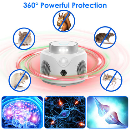 1Pc 360 Degree Ultrasonic Mice Repellent Indoor Rodent Repeller Mice Rat Squirrel Rodent Chaser With 3 Modes 9 Strobe Lights For Kitchen Living Room Attic Basement Warehouse Garage Barn