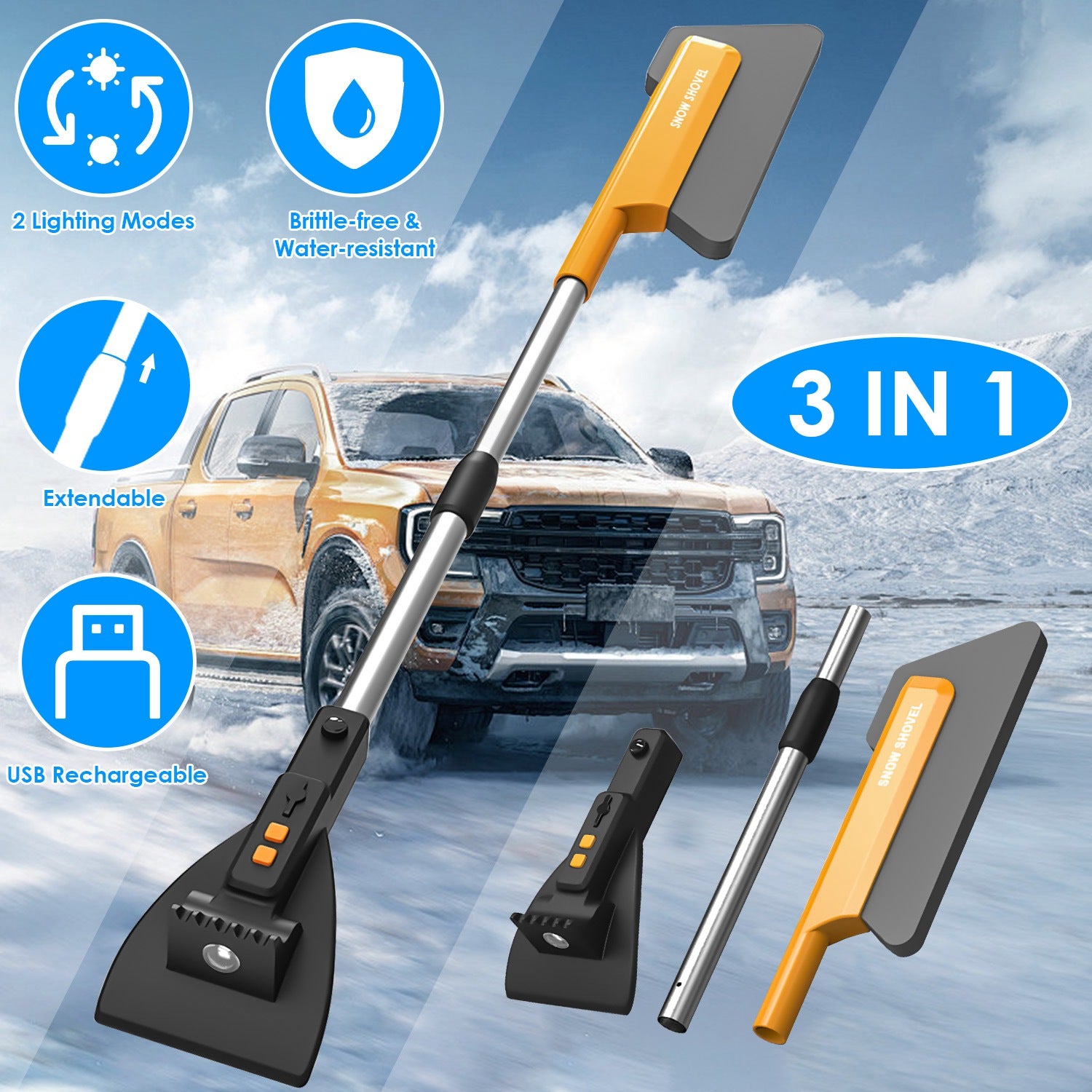 3-in-1 car cleaning tool with features highlighted on a snowy background. It's an ice scraper for your vehicle.