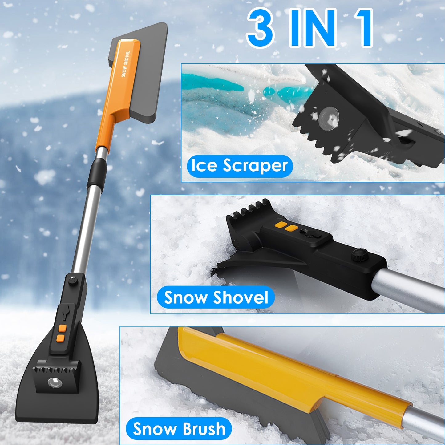 3 In 1 Car Snow Removal Shovel Tool Telescopic Windshield Ice Scraper Snow Brush