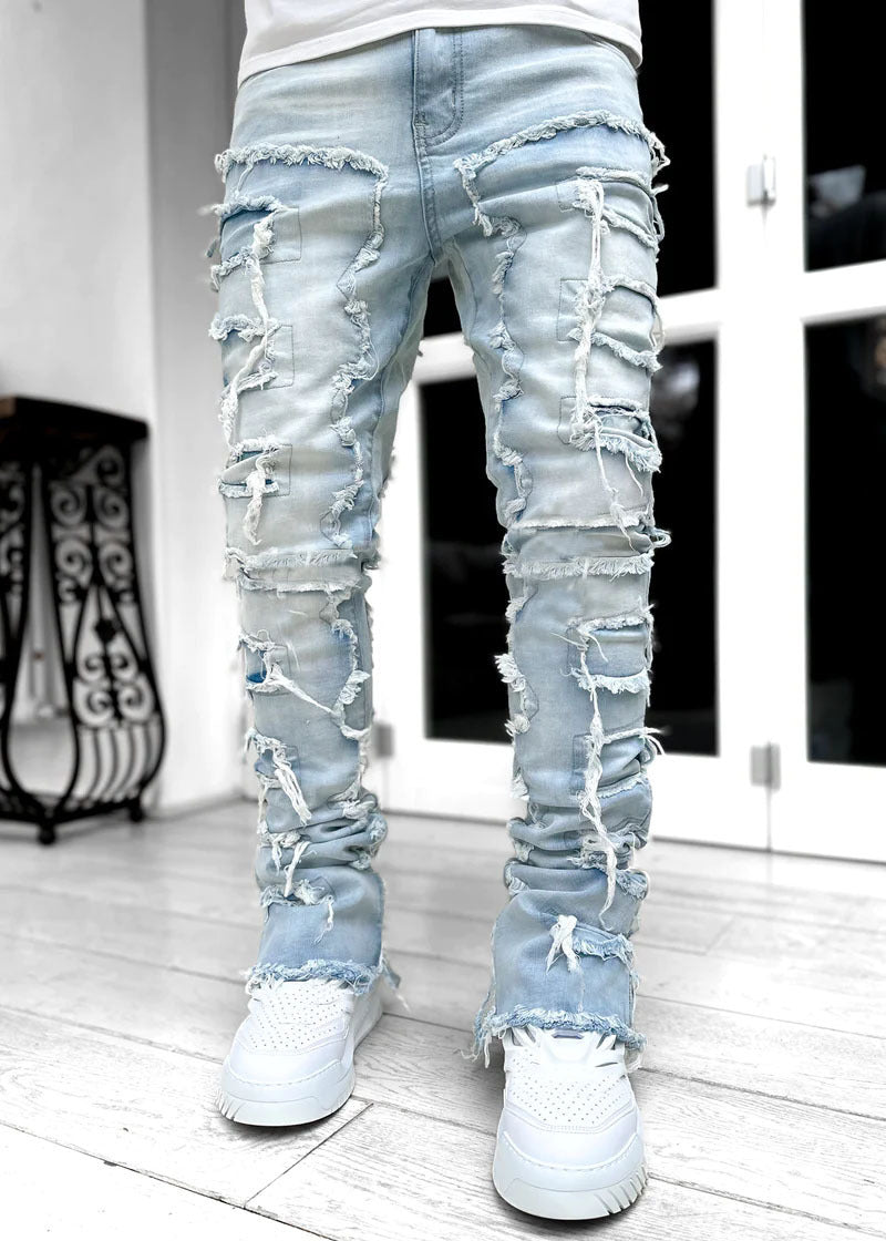 Trousers Individual Patched Pants Long Tight Fit Stacked Jeans For stylish look