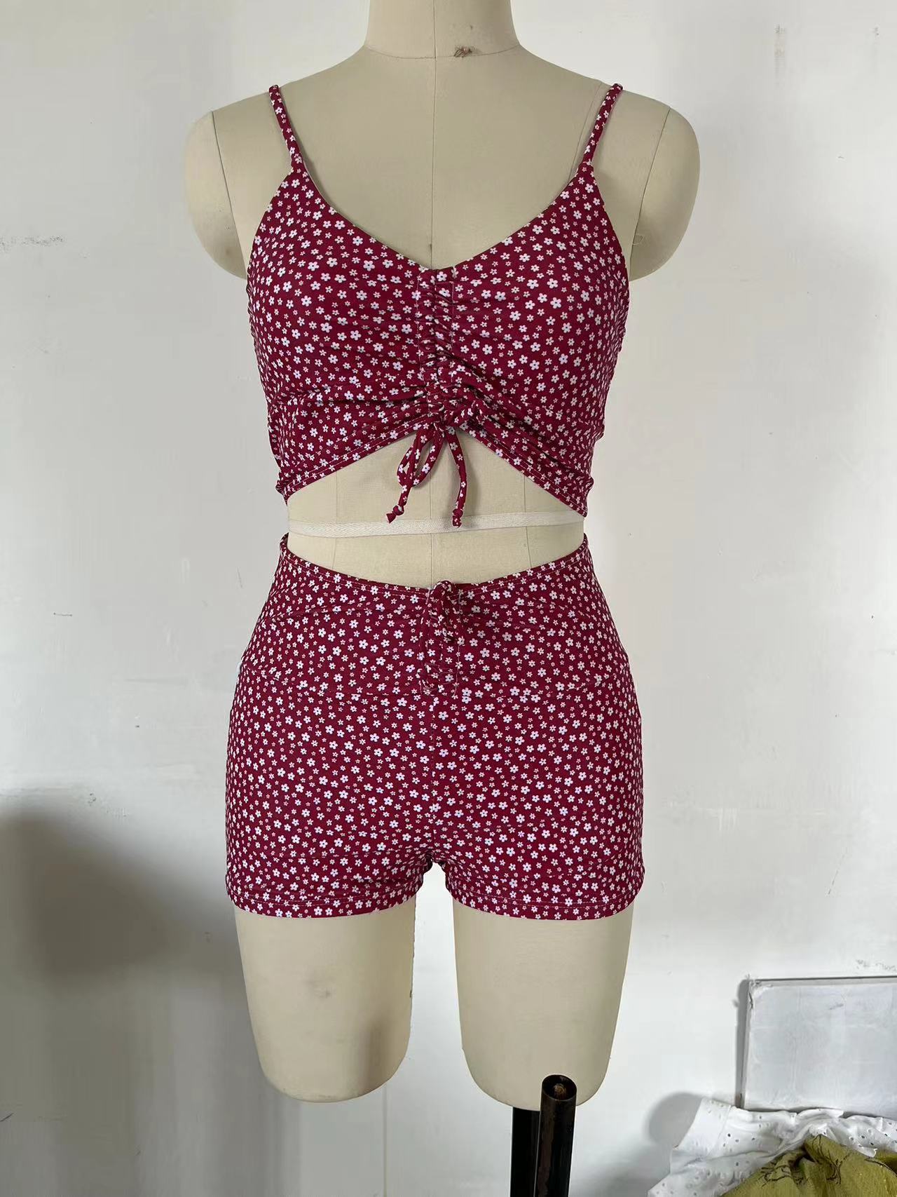 Printed Multicolor Conservative Boxer Pleating Split Swimsuit