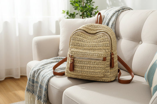 Beige woven backpack with brown accents on a white background