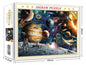 1000-piece Jigsaw puzzle of some astronauts on the moon with satellites and planets and all kinds of stuff in space very colorful