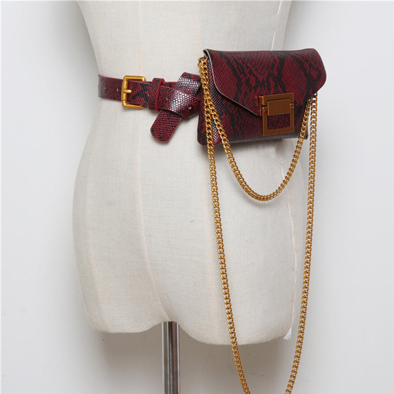 Female snake print chain belt bag