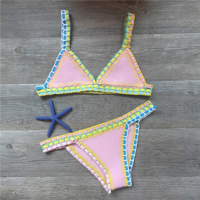 Sexy Hand Crochet Colorful Bikini Set Ladies Knitted Swimwear
