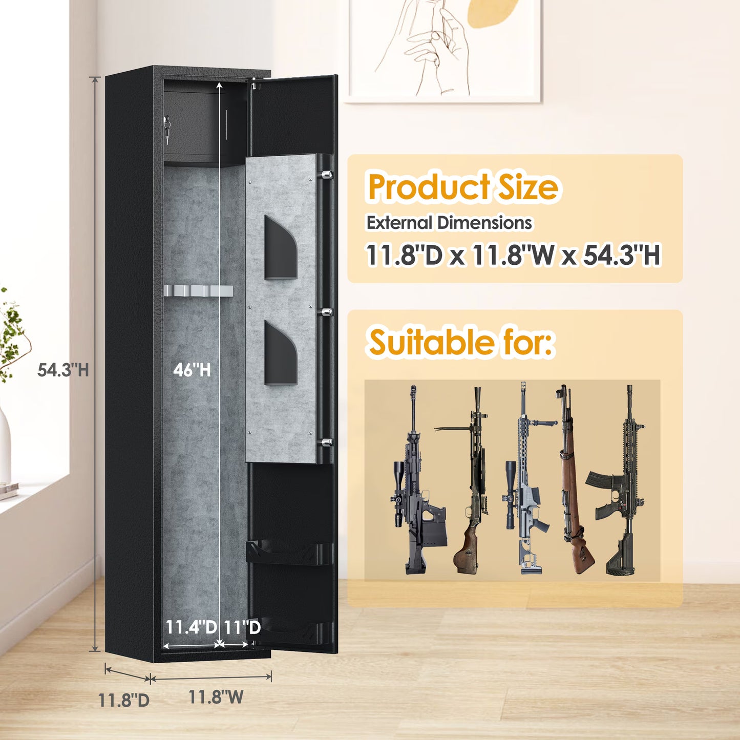 Home Rifle And Pistols Gun Safe With LED Light And Alarm System,Digital Keypad Lock,Quick Access 4-5 Rifle And 2 Pistol,Long Gun Cabinet With Removable Shelf,Built-in Small Cabinet