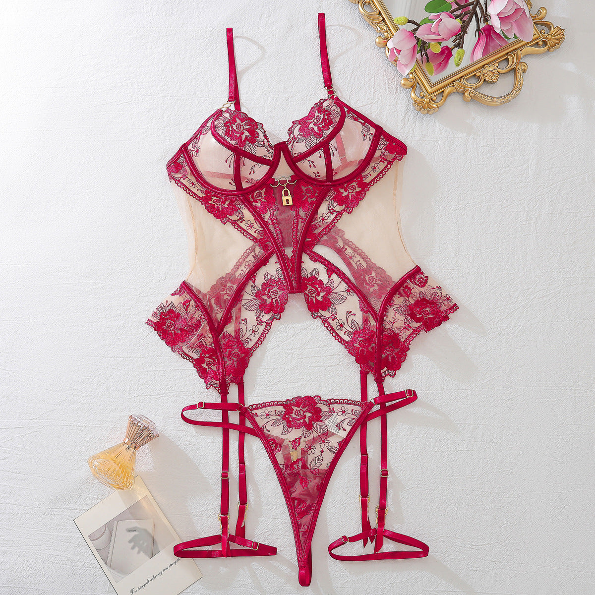 Bra Set Mesh See-through Thin Lace Seduction Underwear Underwear Three-piece Set
