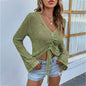 V Neck Drawstring Flare Sleeve Sweater