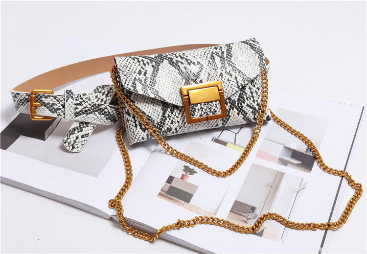 Female snake print chain belt bag
