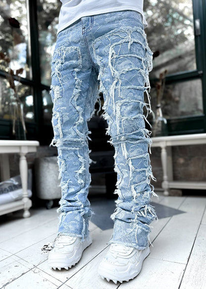 Trousers Individual Patched Pants Long Tight Fit Stacked Jeans For stylish look