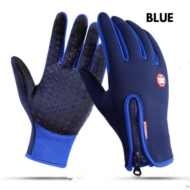 Pair of blue gloves with textured palm on a white background