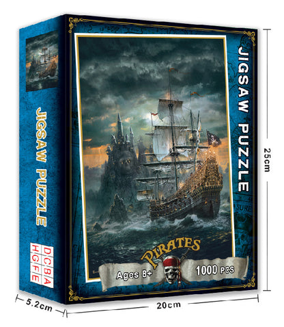 1000-piece jigsaw puzzle ages 8 plus the picture is a big pirate ship on the ocean with stormy skies