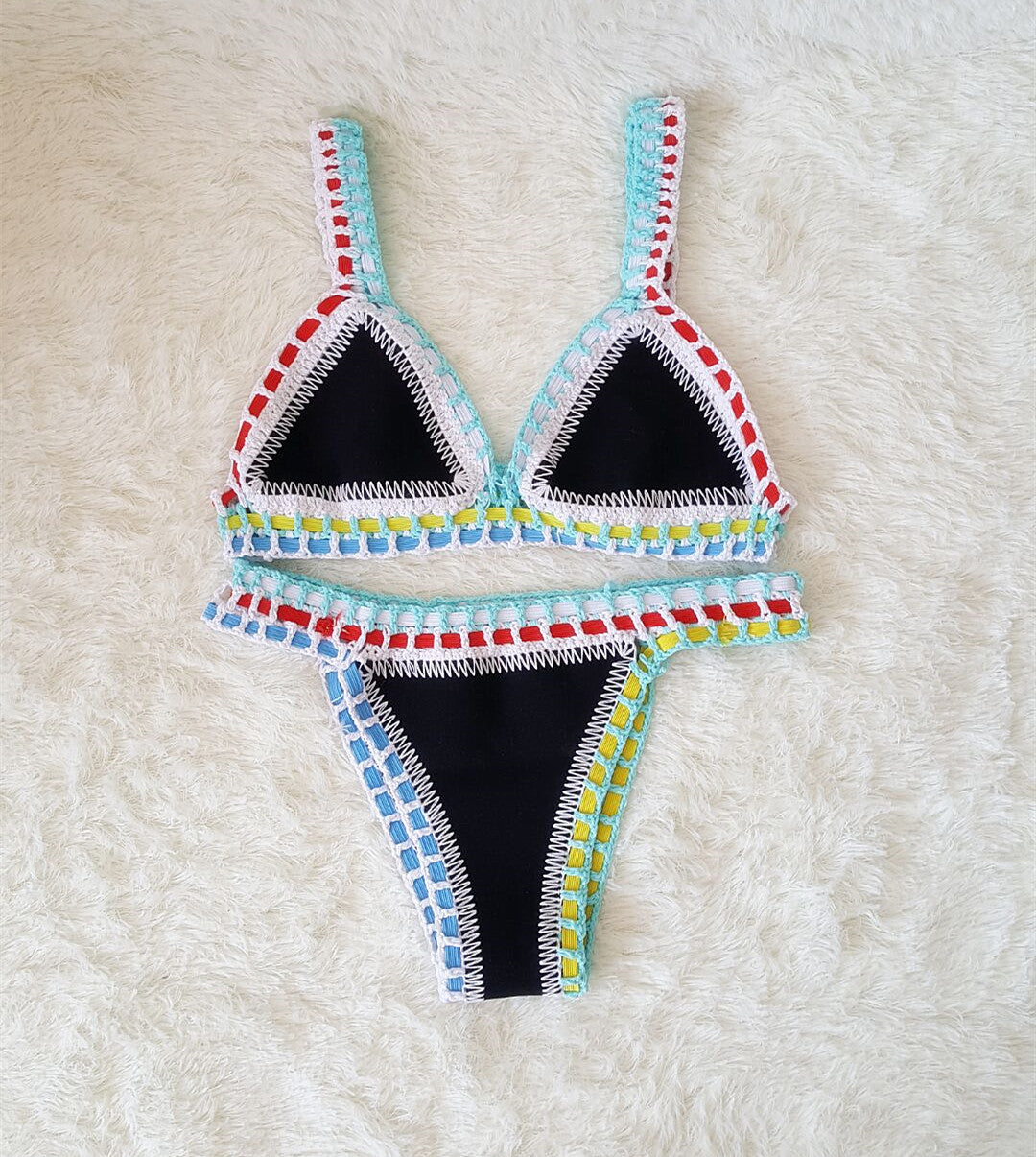 Sexy Hand Crochet Colorful Bikini Set Ladies Knitted Swimwear