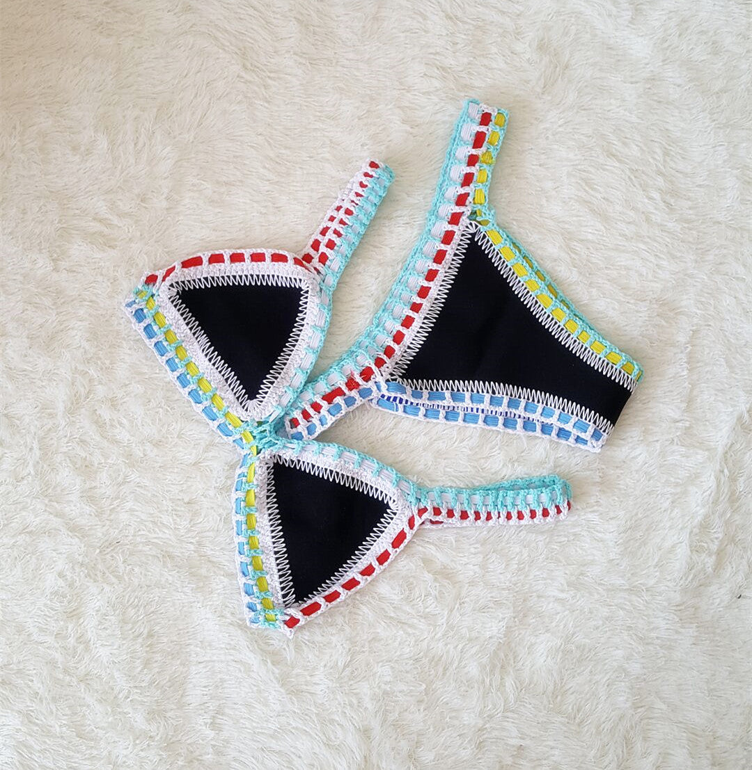 Sexy Hand Crochet Colorful Bikini Set Ladies Knitted Swimwear