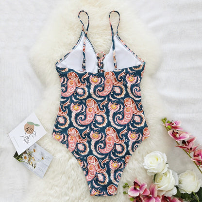 Deep V Tie One Piece Swimsuit Flower Print