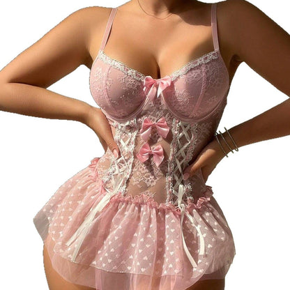 Sexy Steel Ring Push Up Temptation Transparent Mesh Bow One-piece Sexy Lingerie