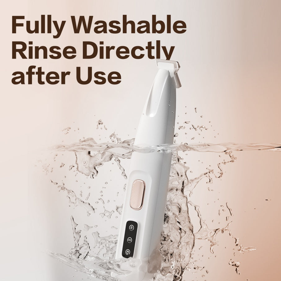 White dental water flosser with water splashing around it on a beige background, text 'Fully Washable Rinse Directly after Use'.