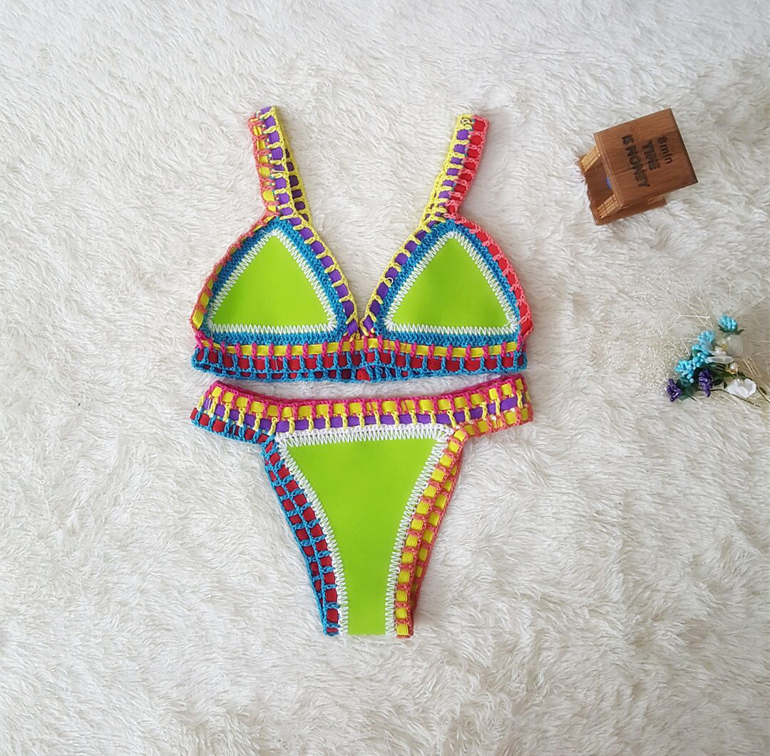 Sexy Hand Crochet Colorful Bikini Set Ladies Knitted Swimwear
