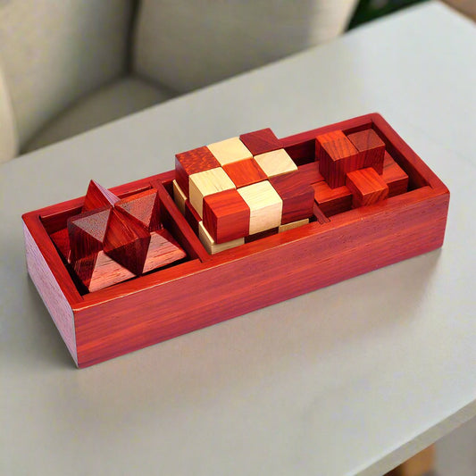 3 brain teasers puzzles made out of wood.